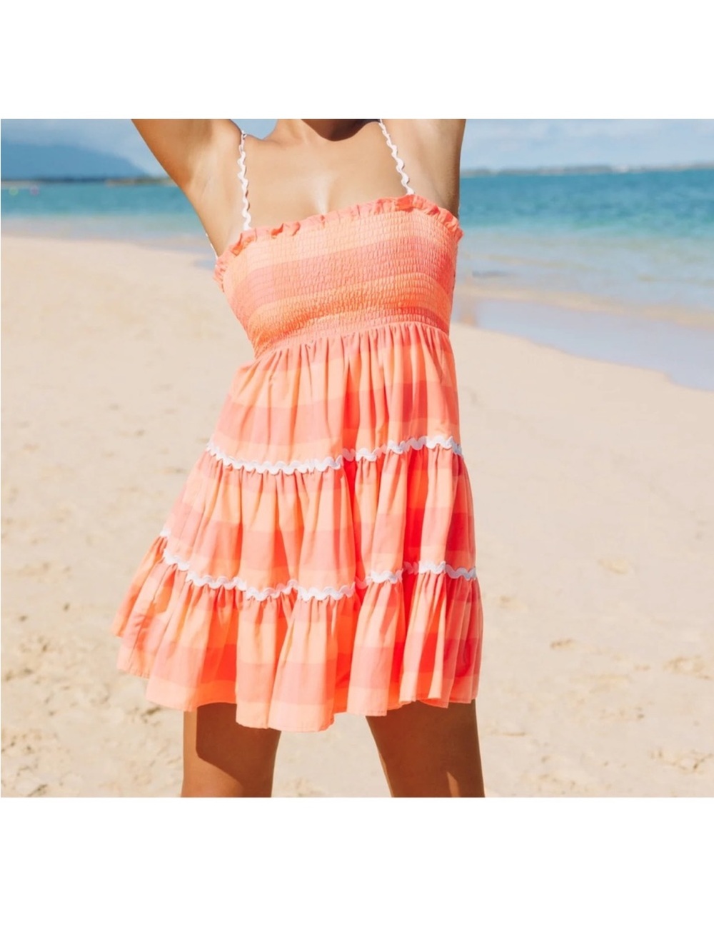 Revolve Sundress Tea mini dress tiered babydoll  size XS/S gingham orange
